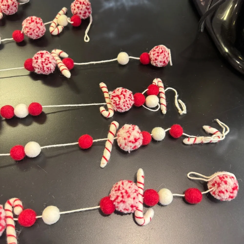Garland Home Decor 3 sets Red White Wool Felt Candy Cane Pom Pom Christmas